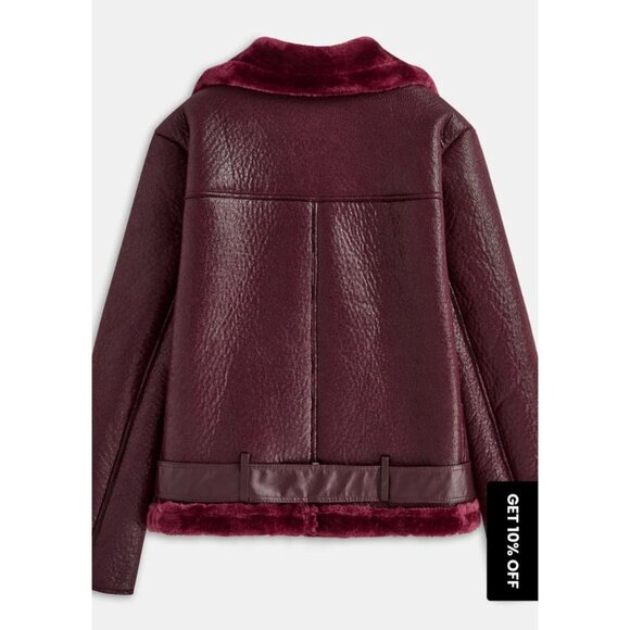 Womens Burgundy Faux Leather & Fur Biker Jacket - Picture 5 of 9